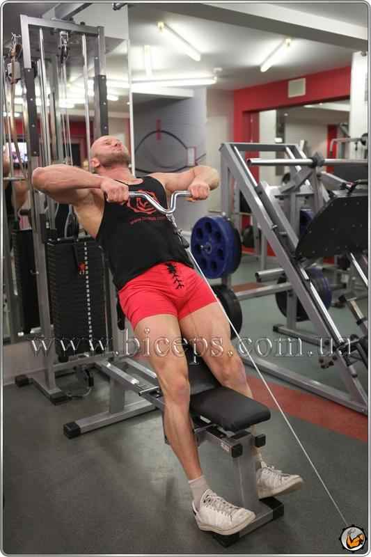 Тренировка мышц плеч средней дельты: тяга к подбородку сидя на наклонной скамье у нижнего блока